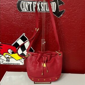 MCM Stylish Red Leather Bucket Bag with COA